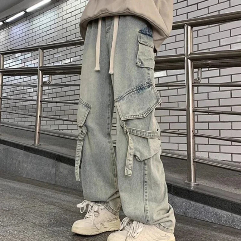 Autumn And Winter New Japanese Overalls Jeans Men And Women American Retro High Street Micro-la Washed Wide-leg Straight Pants