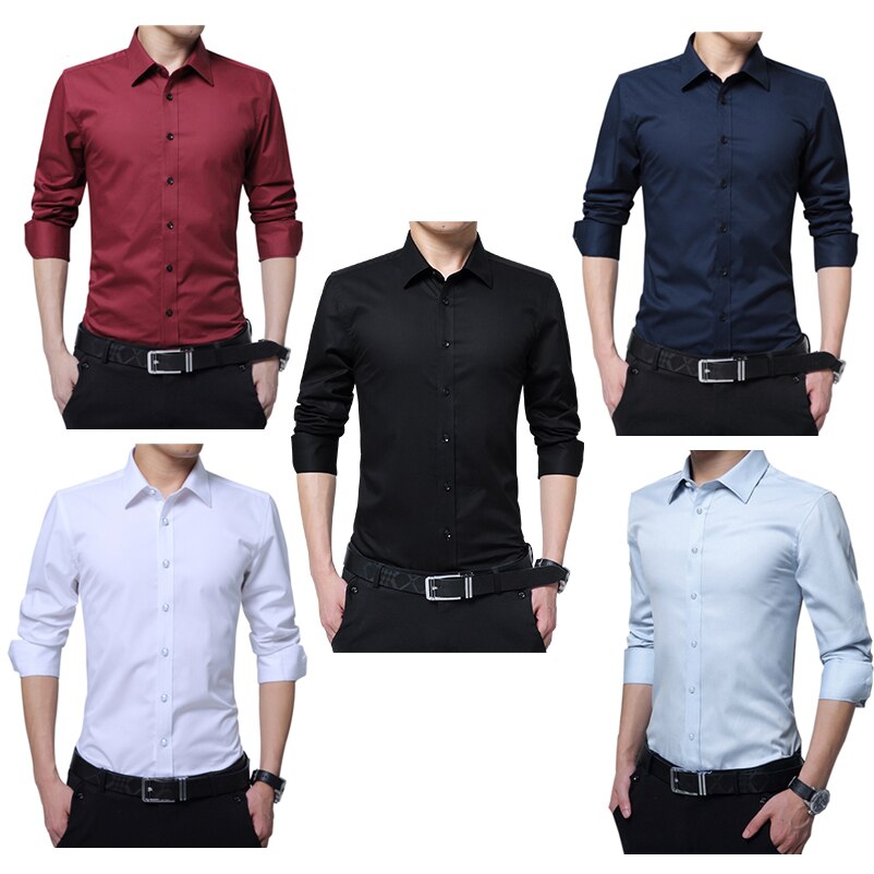 Men Dress Shirt Fashion Long Sleeve Business Social Shirt Male Solid Color Button Down Collar Plus Size Work White Black Shirt