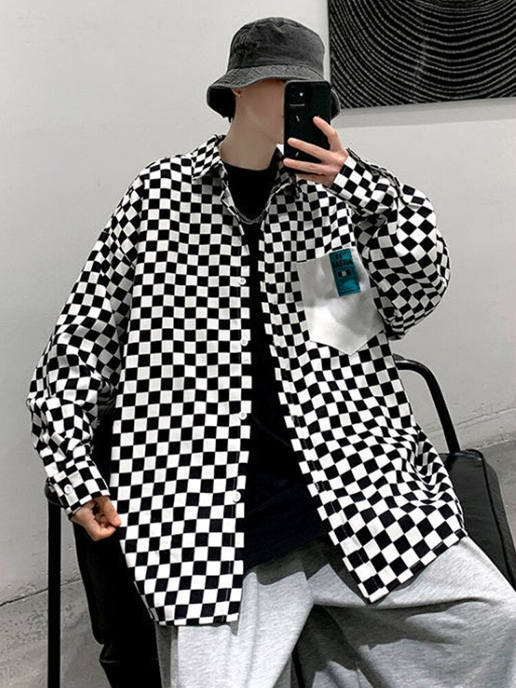 Japanese Plaid Long Sleeve Blouse Men Women Fashion Loose Oversized Button Up Shirts Mens Vintage Clothing