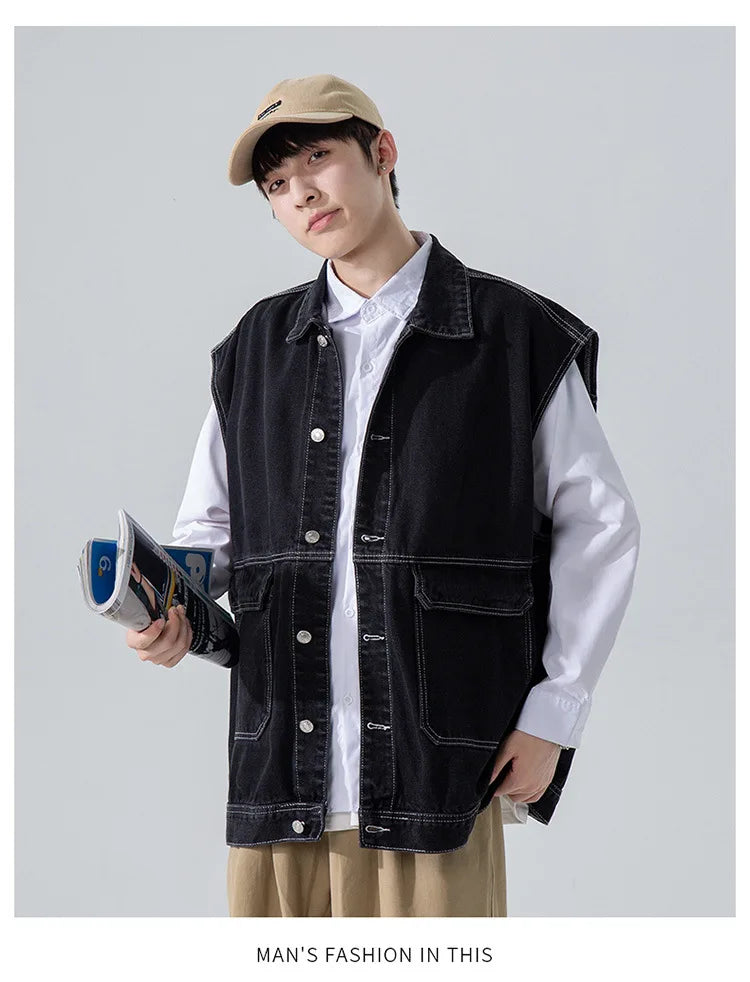 All Season Fashion Men's Solid Pocket Cool Boy Casual Loose Safari Style Tess Button Sleeveless Vest Denim Button Jacket Coat