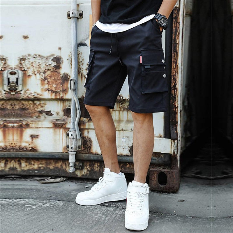 Men Cargo Shorts Tactical Joggers Shorts Work Casual Pants Male Multi Pockets Buttons Loose Wide Leg Knee Length Summer Shorts