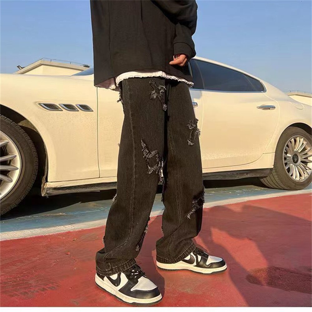 Men's Denim Pants Fashion Loose Wide Leg Jeans Casual Streetwear Printed Cross Trousers jeans Pants Baggy Men Jeans