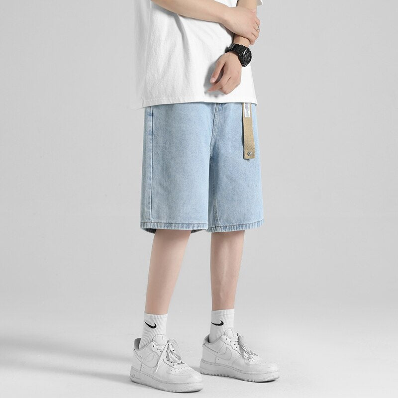 Summer Men's Simple Straight Short Jeans Fashion Casual Belt Decoration Light Blue Baggy Oversize Denim Shorts