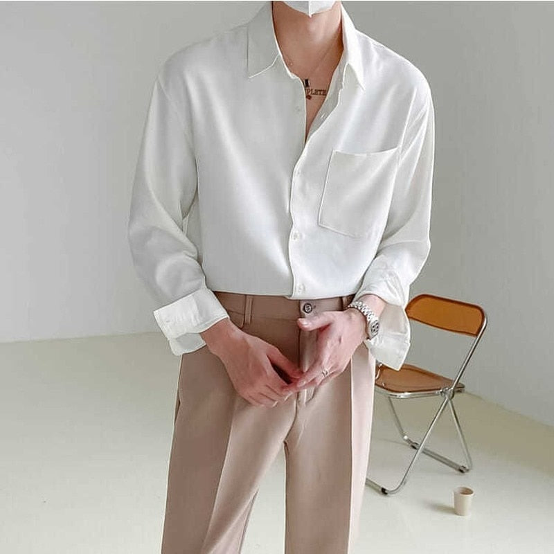 Spring New Senior Long Sleeve Button Down Shirts for Men Korean Fashion Loose Drape Solid Color All-match Men's Shirt Blouse