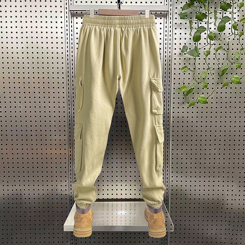 Men's Summer Trend Loose Vintage Solid Color Casual Fashion Sports Spliced Pocket Elastic Waist Drawstring Youth Cargo Trousers