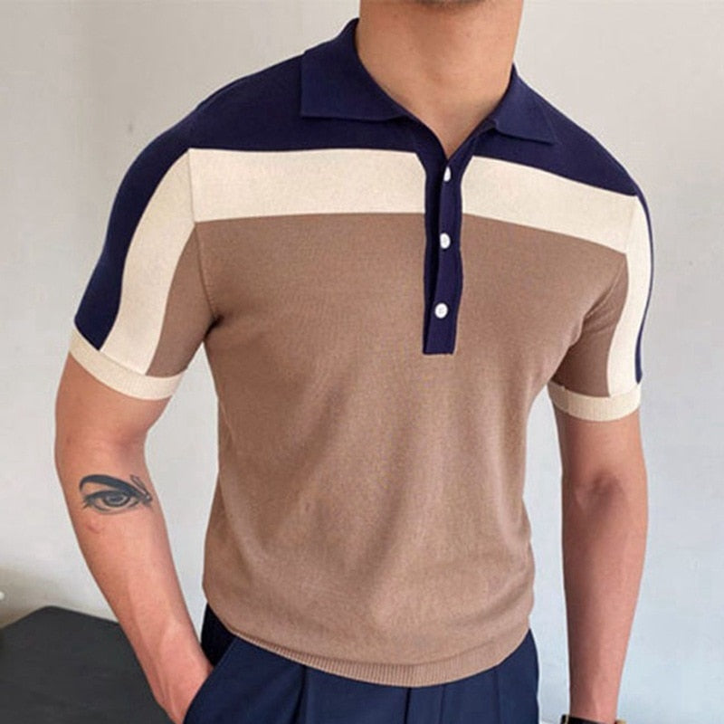 Spring Summer Knit Polo Shirt Men Casual Turn-down Collar Bussiness Fashion Striped Solid Slim Tops Ice Silk Cotton T-shirt