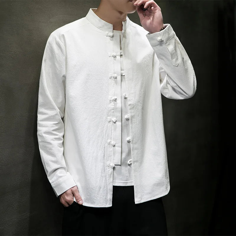 New Spring Autumn Men Chinese Style Cotton Linen Shirt Men Solid Color Loose Long Sleeve Single Breasted Shirts Mensa Clothing