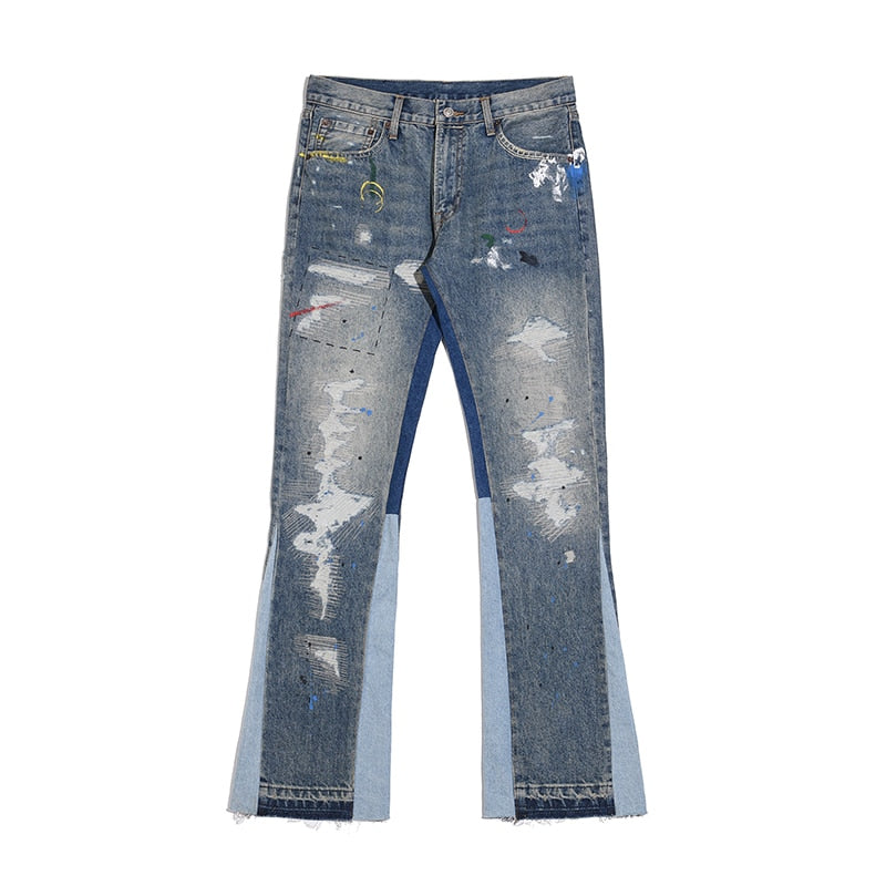 Retro Ink Splash Patchwork Ripped Jeans Flare Pants Men and Women Straight Casual Oversized Loose Denim Trousers