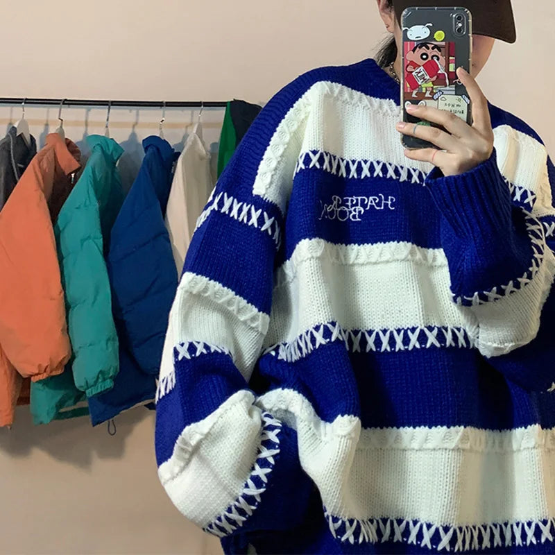 Blue Sweater Men's Design Sense Niche Lazy Wind Couple Sweater Autumn Winter Oversize STRIPE TOP Men Sweaters Coat