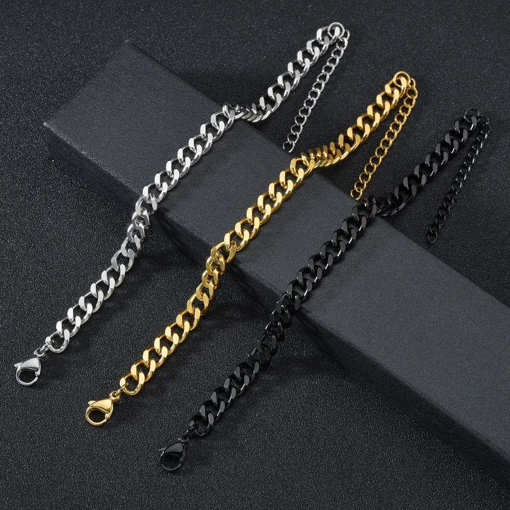 Hip Hop Stainless Steel Cuban Chain Bracelet For Women 3 5 7 mm Simple Stainless Steel Men Bracelet Gold Color Jewelry