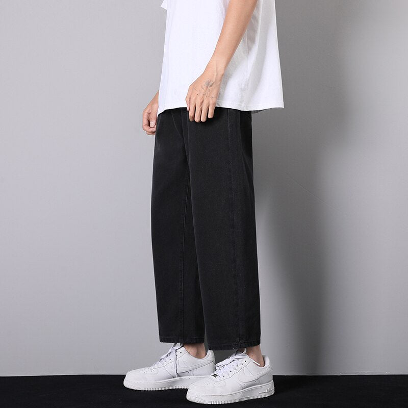 Autumn New Men's Street Loose Jeans Korean Fashion Elastic Waist Design Light Blue Denim Wide-Leg Pants Male Smoke Grey