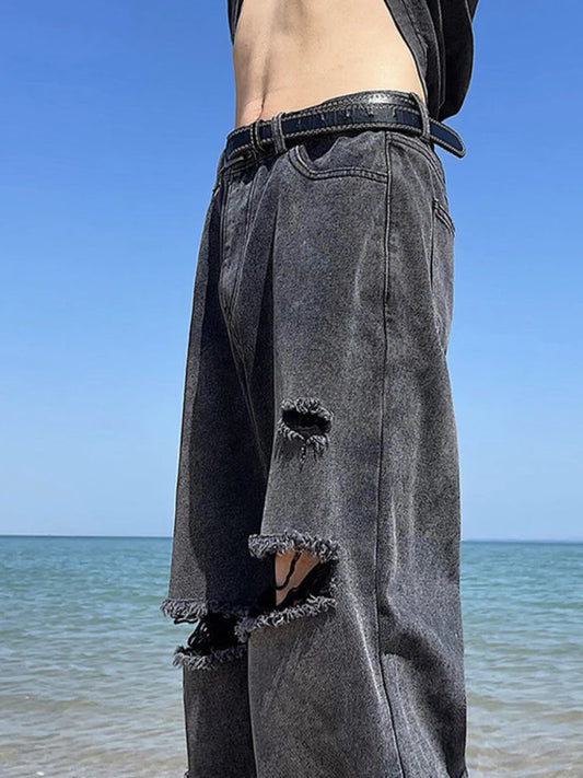 Trousers Broken Torn Male Cowboy Pants Straight Ripped Jeans for Men with Holes Black Y2k Vintage Aesthetic Winter Stacked Y 2k