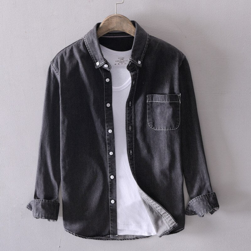 Japanese Korean Trend Long-sleeved Retro Denim Shirt Men's Fashion Casual All-match Jean Shirt Jacket Male High-end Brand Tops