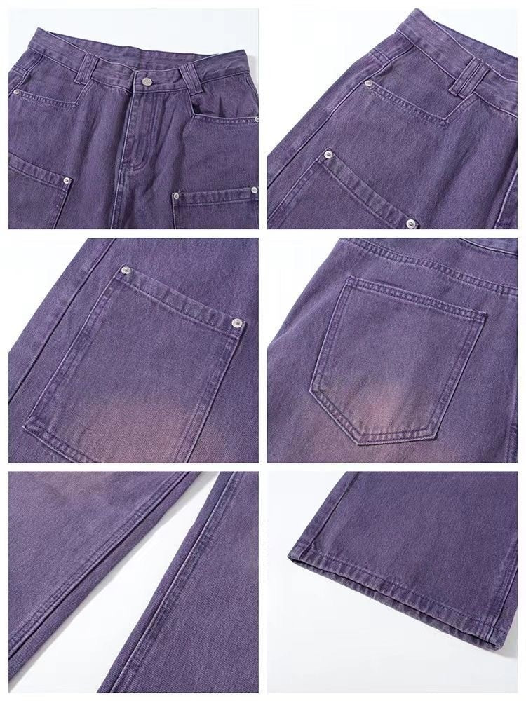 2023 Street made coordinates washed purple jeans for men and women with a unisex style loose fitting bf straight tube fall down