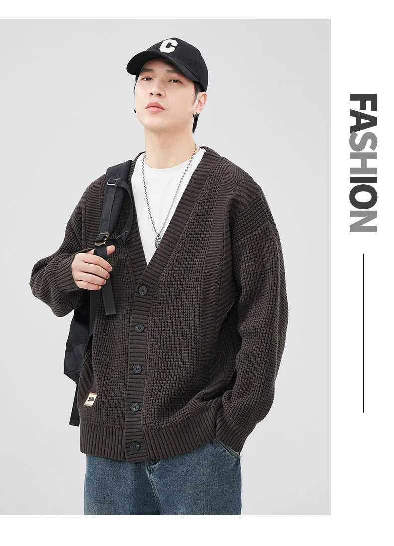 Autumn Winter Retro V-neck Cardigan Sweater Men's Trendy Loose Large Size Casual Knit Sweater Button Soft