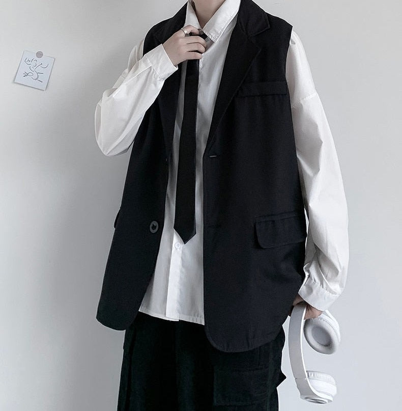 Summer All Season Men's Sloid Casual Loose Office Style Tess Button Vest Jacket Pocket Versatile Sleeveless Suit Vest