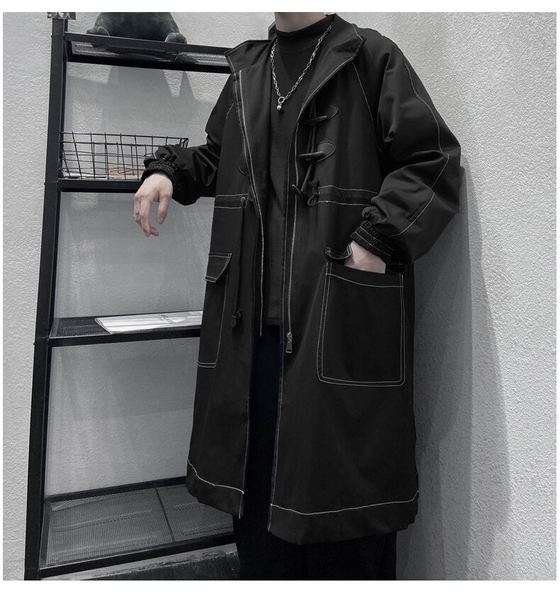 Trench Men Big Pockets Solid Oversize Leisure Teens Long Jacket Duffle Coat Stylish Outwear Hombre Korean Style BF