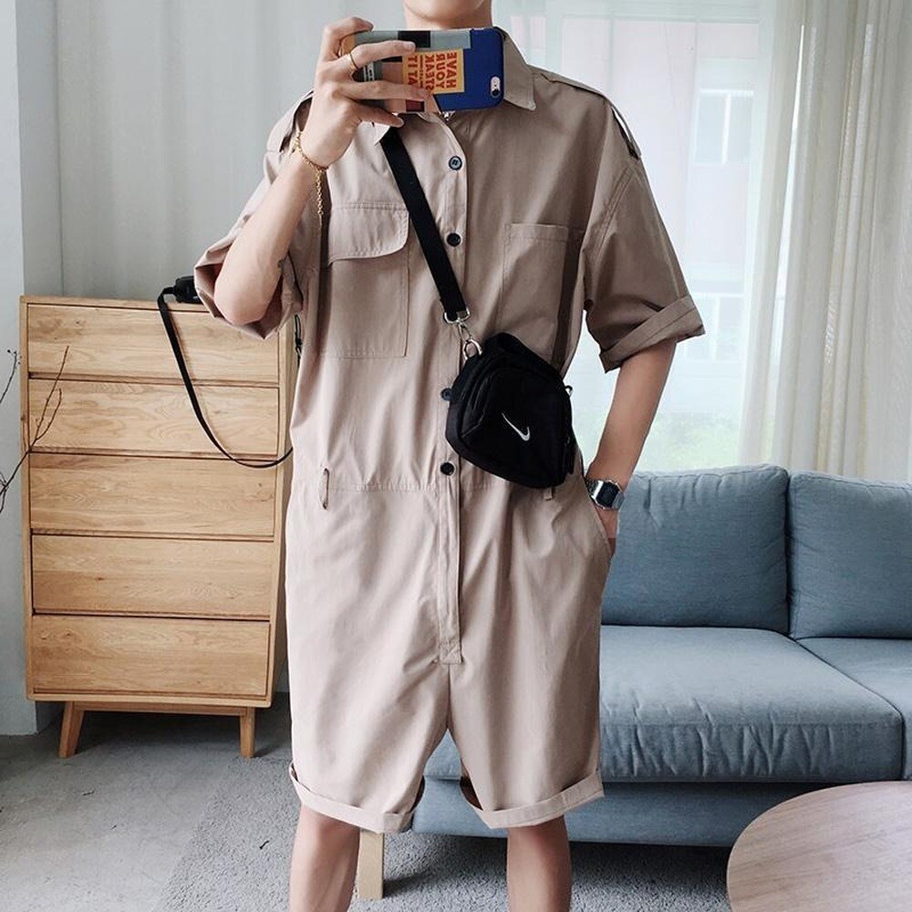 Summer Fashion Men Cargo Overalls Punk Style Pockets Pants Loose Solid Color Short Sleeve Rompers Men Jumpsuit Streetwear 2022