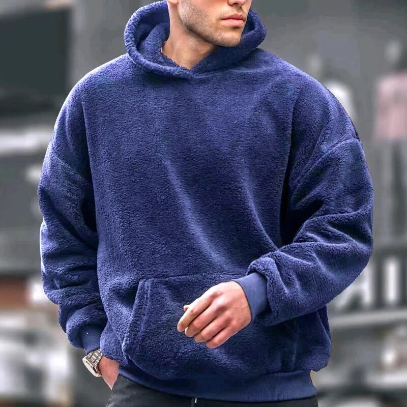 Winter Fleece Hoodie Men Casual Solid Color Loose Oversized Hoodies Top Fall Long Sleeve Fashion Wool Hooded Sweatshirt For Mens