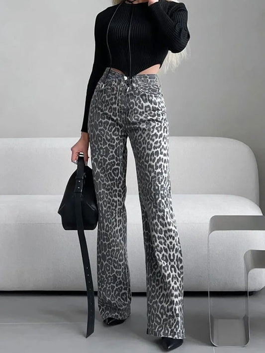 Elegant Grey Leopard Printed Jeans High Waist Straight Leg Vintage High Street Black Jeans Pants Women Formal Korean Retro