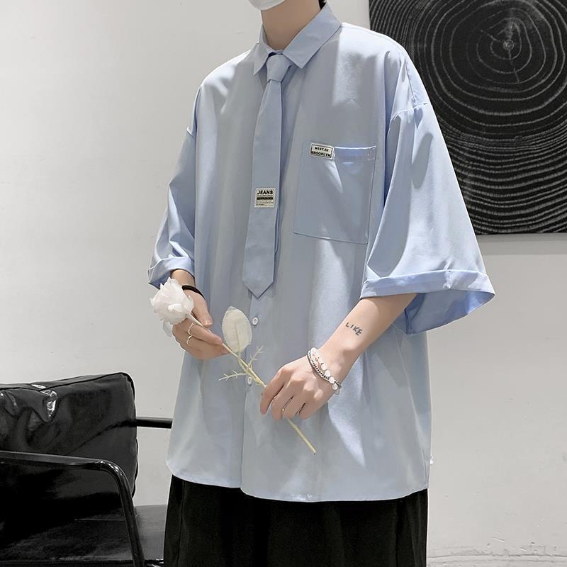 Summer New Button Down Shirts with Tie Mens Harajuke Loose Point Collar Half Sleeve Silk Blouse for Teen