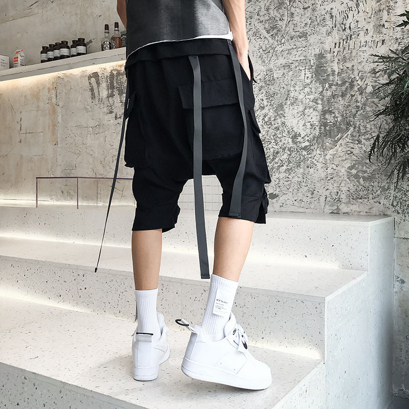 Techwear Black Cargo Shorts Pants Men Hip Hop Cargo Trousers Male Harajuku Hippie Japanese Pocket Ribbon Harem Pants