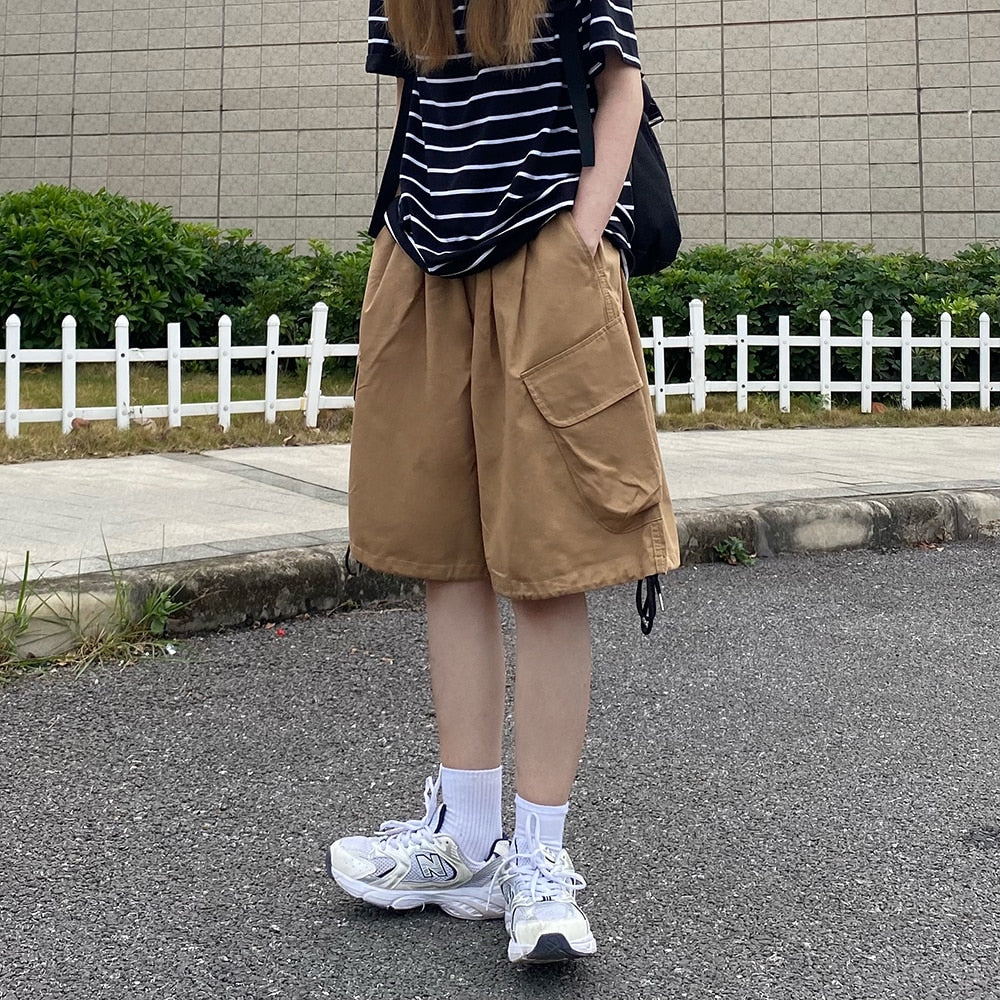 Summer Drawstring Cargo Shorts Ins Trend Streetwear Vintage Wide Leg Half Pants Plus Size Loose Casual Pants Men and Women