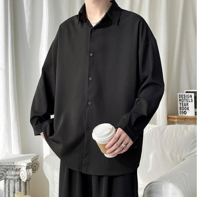 Black Long-sleeved Shirts Men Korean Comfortable Blouses Casual Loose Single Breasted Shirt