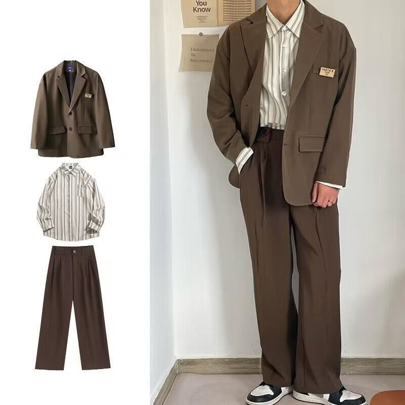 Casual Suit for Men Loose Fitting Shirt + Jacket + Pant Men's Set