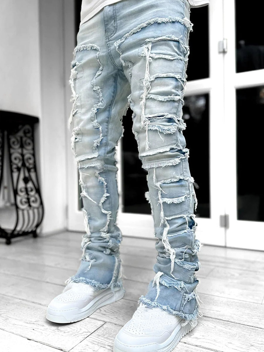 2023 Men's Distressed Ripped Jeans Slim Fit Stretch Denim Pants Straight Leg Streetwear Trousers