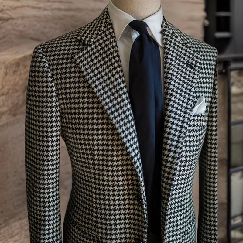 Houndstooth Business Blazer for Men 2024 Plaid Notched Lapel Suit Jacket Formal Male Fashion Coat