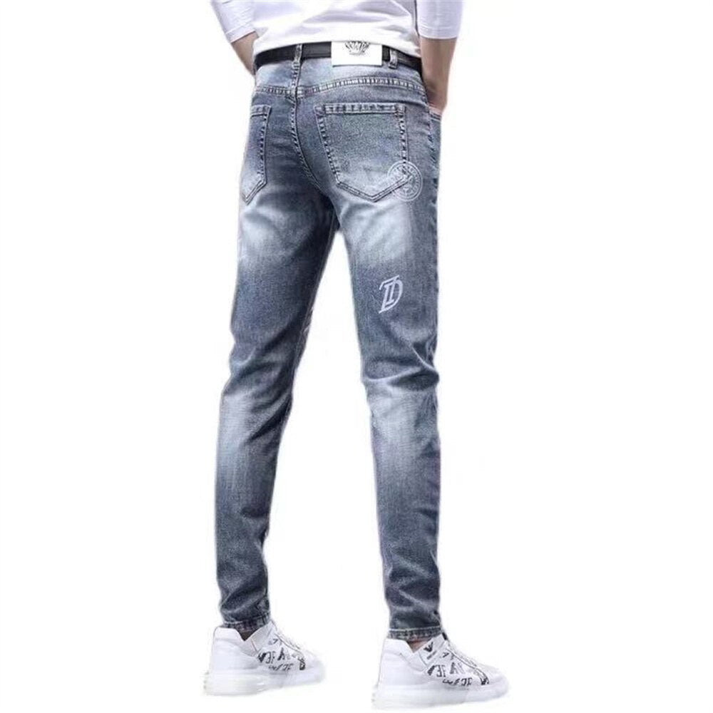 Mens stretch denim print pants jeans Korea slimming trendy casual jeans all-match light luxury men jeans pants for men