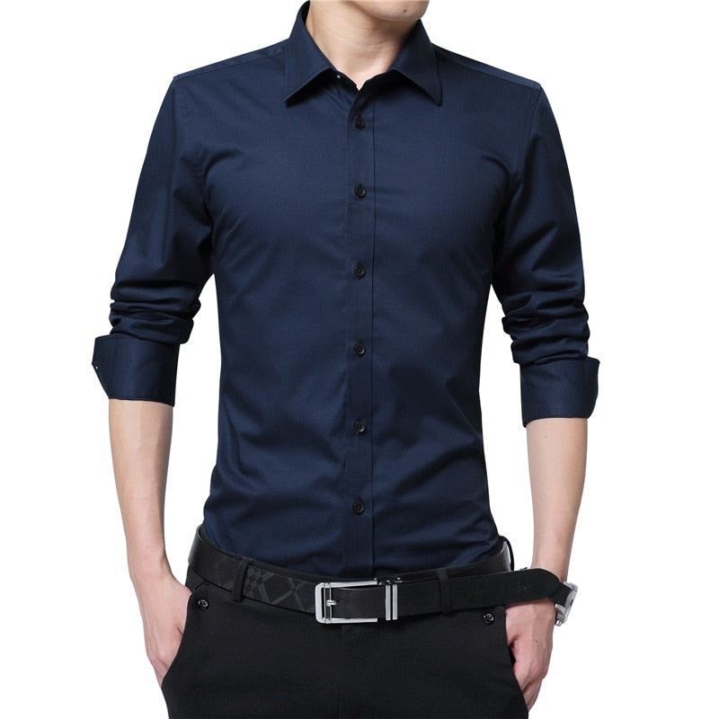 Men Dress Shirt Fashion Long Sleeve Business Social Shirt Male Solid Color Button Down Collar Plus Size Work White Black Shirt