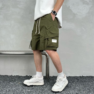 Tooling Shorts Men's Summer Loose Solid Color Five-point Beach Pants Trendy Ins Drawstring Multi-Pocket Short Pants Male