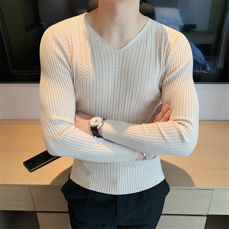 High Quality Men's Knitted Pullovers Fashion Slim Fit V Neck Sweaters Men Autumn Winter Knitting Tops Tees Pullover Sweater Man