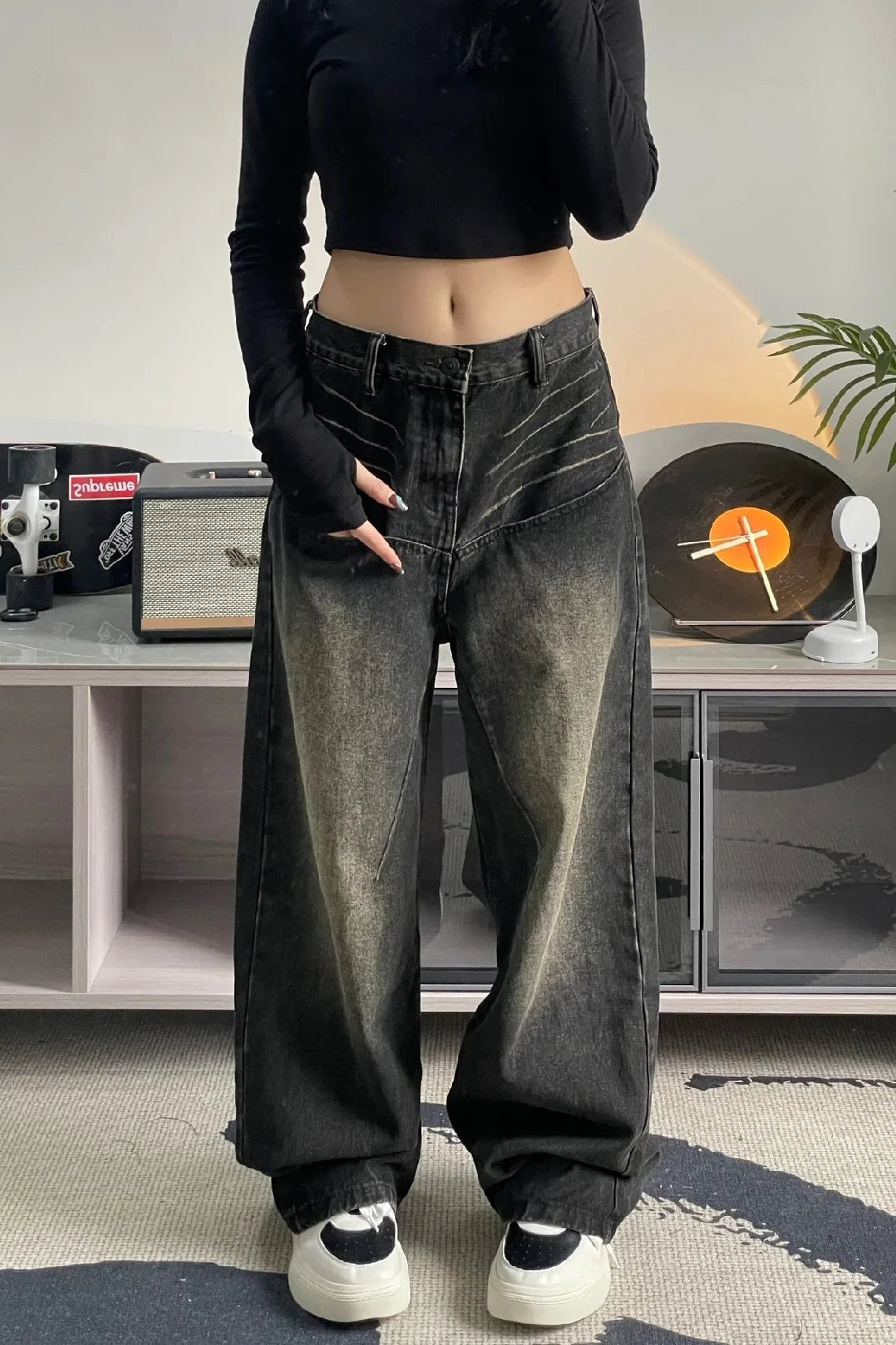 Spring and Autumn American style washed black jeans, men's and women's high street spicy girls straight tube wide leg long pants