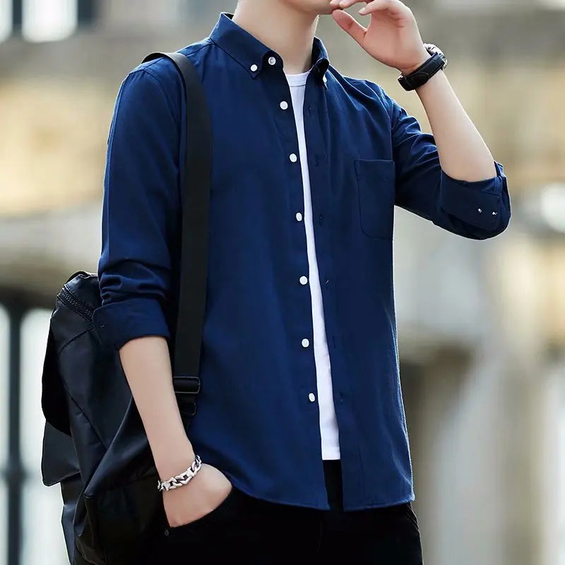 Fashion Lapel Pockets Solid Color All-match Shirt Men's Clothing Autumn New Oversized Casual Tops Loose Korean ShirtS