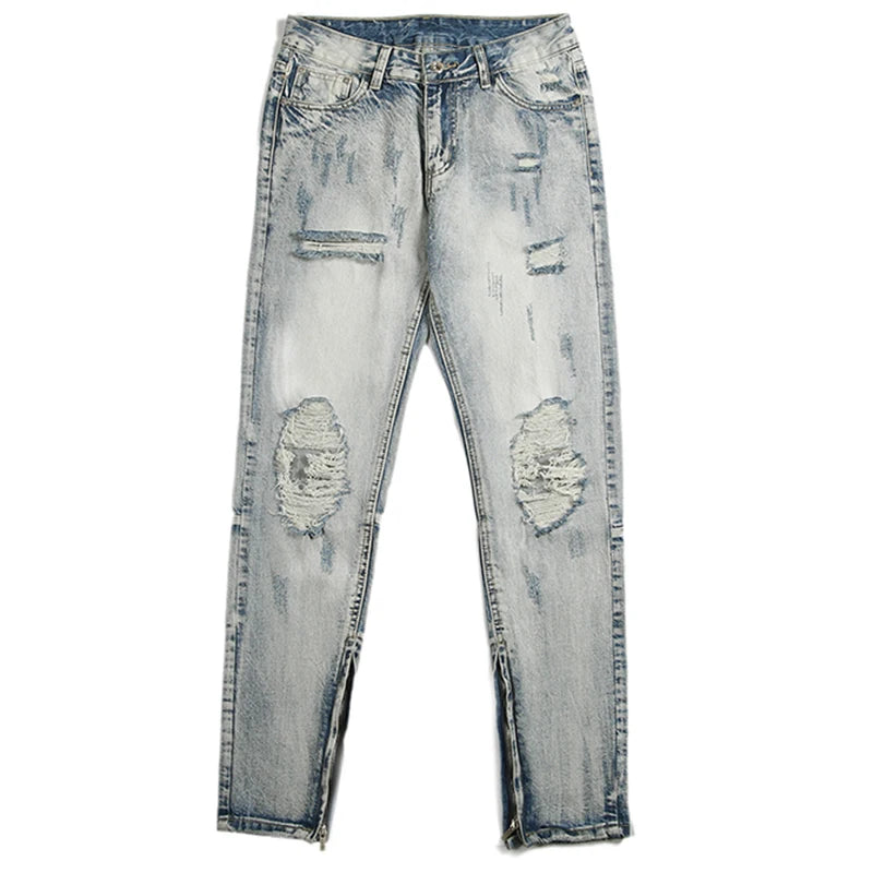 Fashion Brand Broken Hole Denim Jeans Men's American High Street Washed Old Trouser Hem Zipper Pants