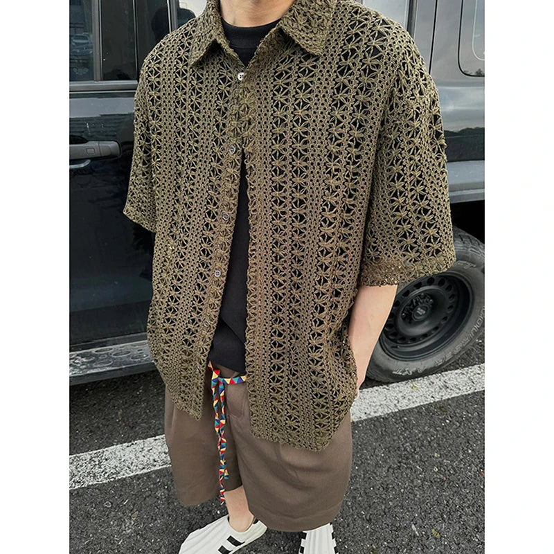 Fashion Army Green Knitted Hollow out Shirt Men Streetwear Transparent Lapel Short Sleeve Button Camisas Sexy Men Clothing 2XL-M