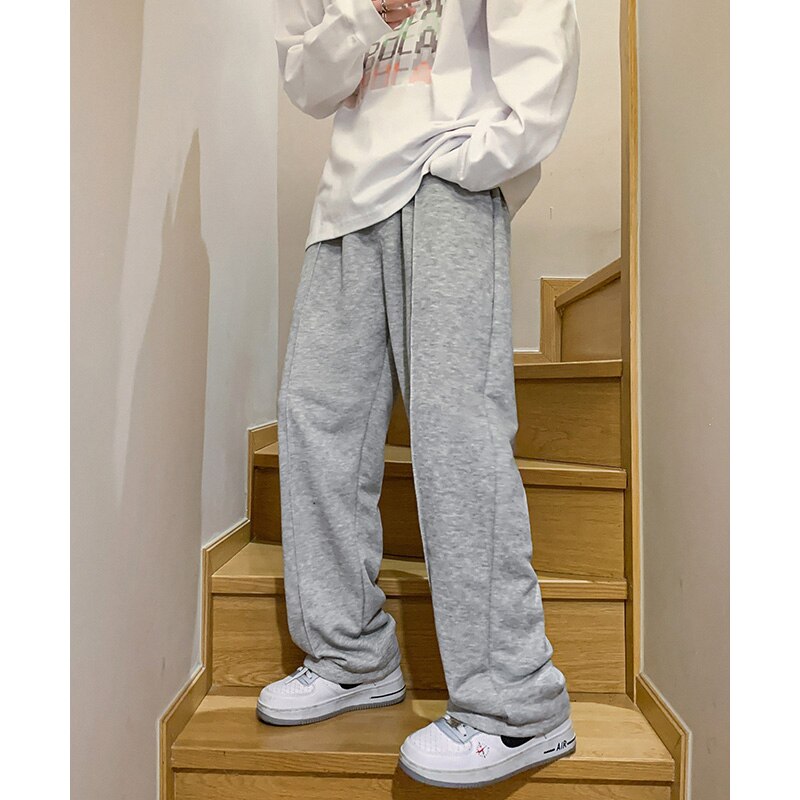 2023 Spring New Men's Baggy Sweatpants Korean Fashion Streetwear Light Grey Straight Wide Leg Pants Casual Trousers Male