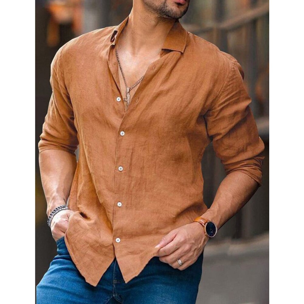 2023 Autumn Solid Men Shirt Baggy Long Sleeve Button Hawaiian 100% Cotton Linen Shirt For Men Blouse Camisa Masculina Streetwear