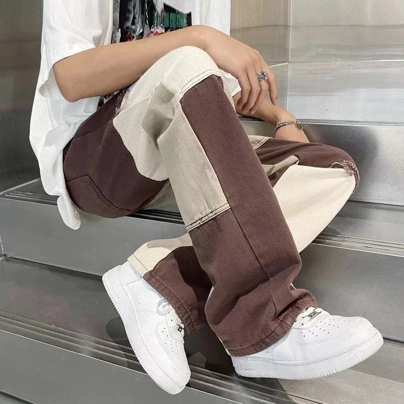 Male Cowboy Pants Trousers Aesthetic Jeans for Men Straight Spliced Hip Hop Y 2k Vintage Denim Stylish Washed Spring Autumn Kpop