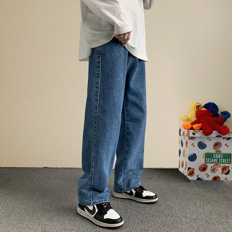 New Streetwear Baggy Jeans Men Korean Fashion Loose Straight Wide Leg Pants Male Brand Clothing Black Light Blue