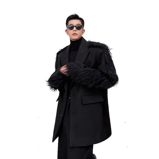 Mauroicardi Spring Autumn Loose Black Faux Fur Patchwork Blazer Men with Shoulder Pads Long Sleeve Luxury Designer Clothes 2023