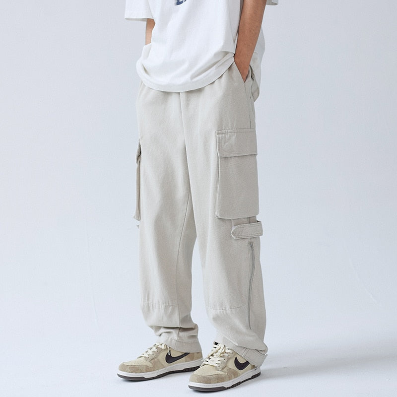 Black/Beige Cargo Pants Men Fashion Pocket Casual Pants Mens Japanese Streetwear Loose Hip Hop Straight Pants Mens Trousers