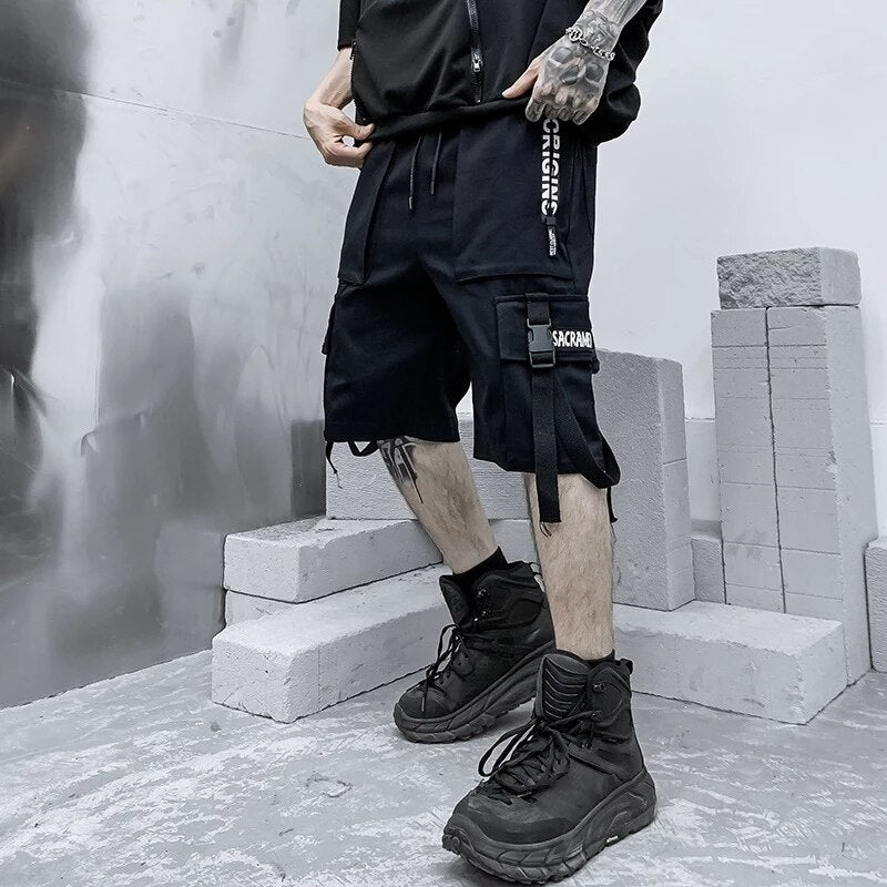 Men's Shorts Cargo Pants Man Casual Shorts Black Cargo Trousers Male Summer Gym Shorts Japanese Hip Hop Techwear Ribbons