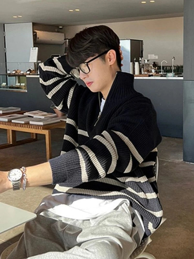 Men's Clothing Business Zip-up Knit Sweater Male Coat Zipper Striped Jacket Collared Pullovers Cheap T Shirt Korean Fashion Neck