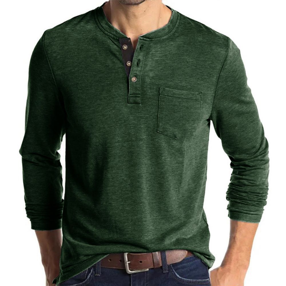 Men's Henley Collar Long Sleeved T-shirts Solid Casual Top Single Breasted Pocket TShirt Soft Comfy Bottoming Shirt for Autumn