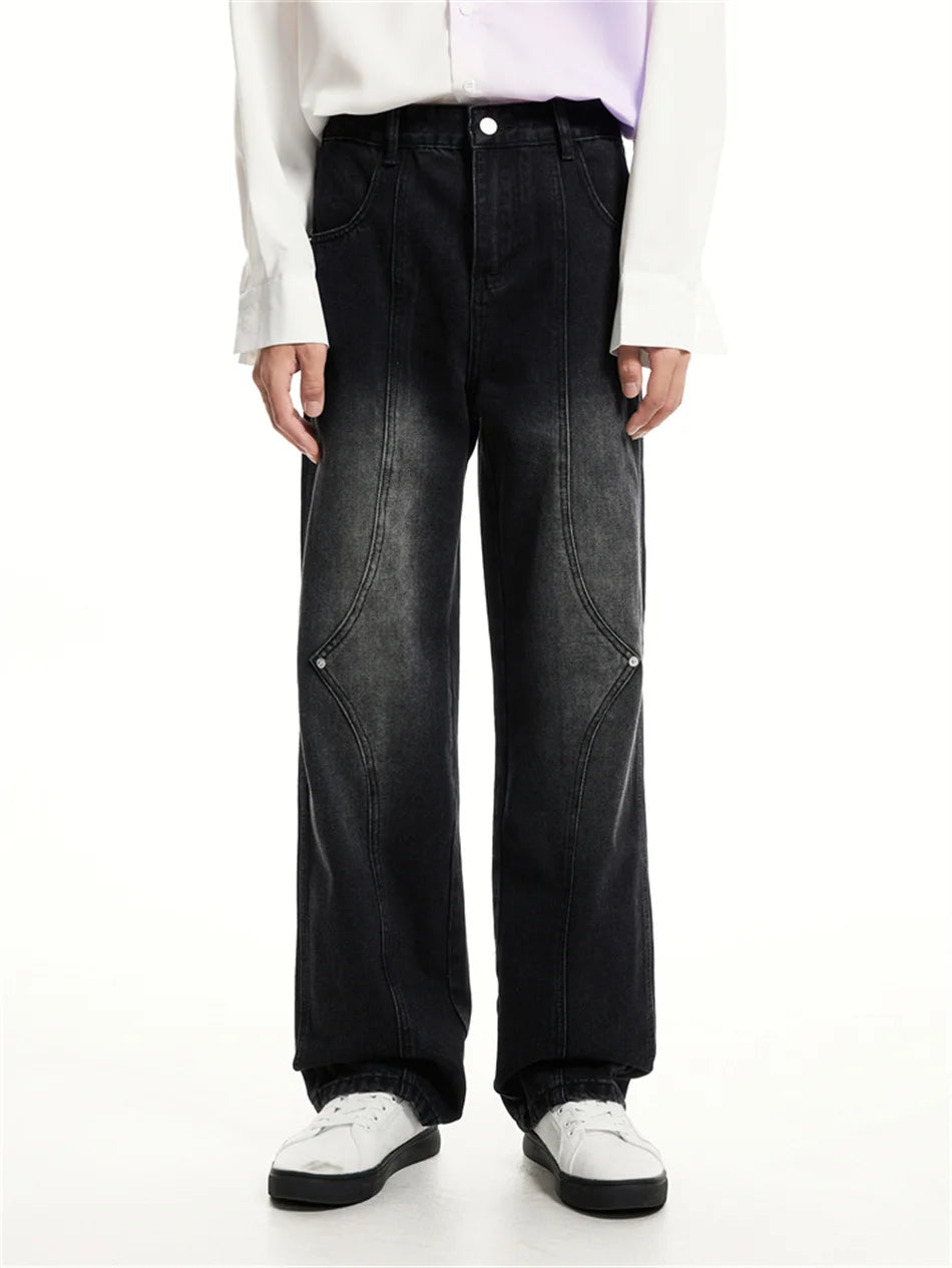 Relay's new Korean version of loose fitting straight mid rise denim jeans with stitching and buckle design for men and