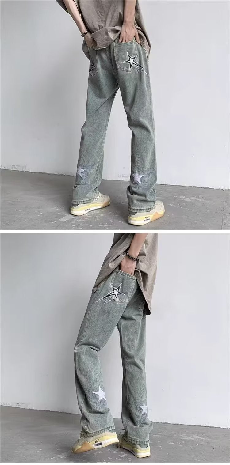 Star embroidered tassel jeans for men's spring and autumn American style ruffian handsome casual street high street vibe style